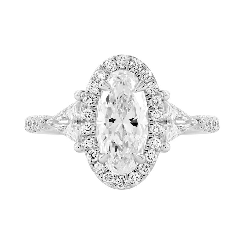 Oval Lab Grown Diamond 2 1/2ctw. Halo Three Stone Engagement Ring in 14k White Gold image number null